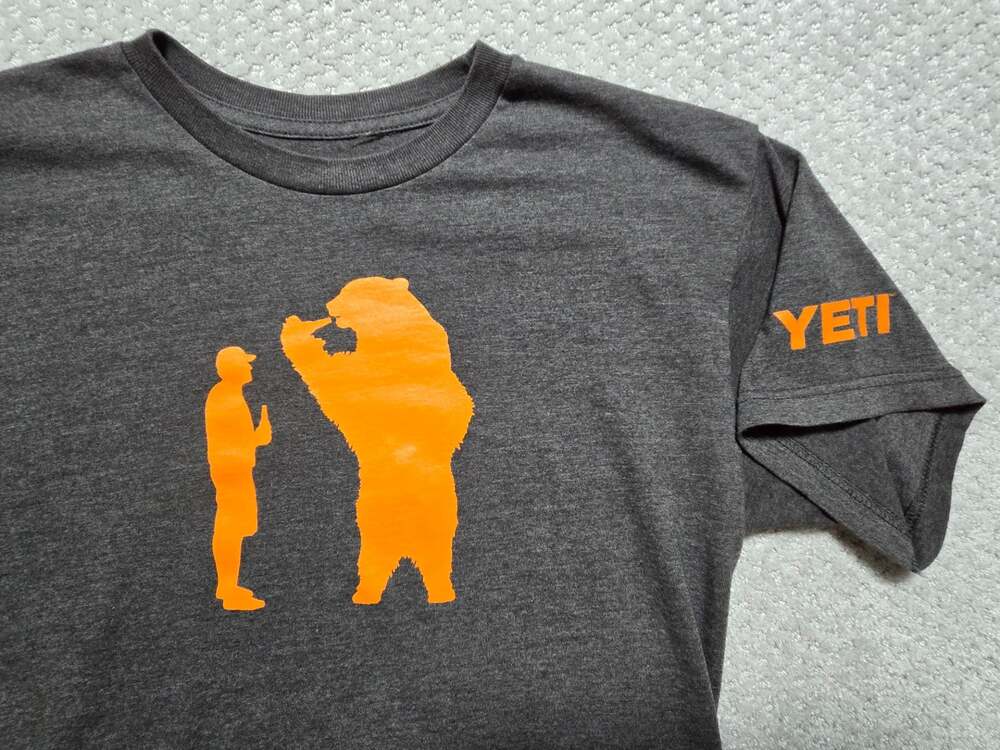 Yeti Bear And Beer T-Shirt Medium Dark Gray Orange Graphic Tee Coolers Outdoors